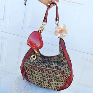 Fendi Zucchino Canvas Monogram Chef Hobo Bag RED BEAUTIFUL